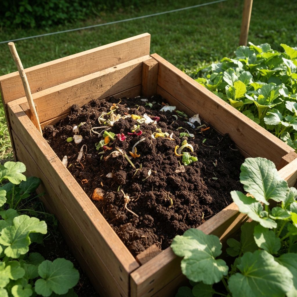 Profesjonalny kompostownik w ogrodzie z bogatym kompostem